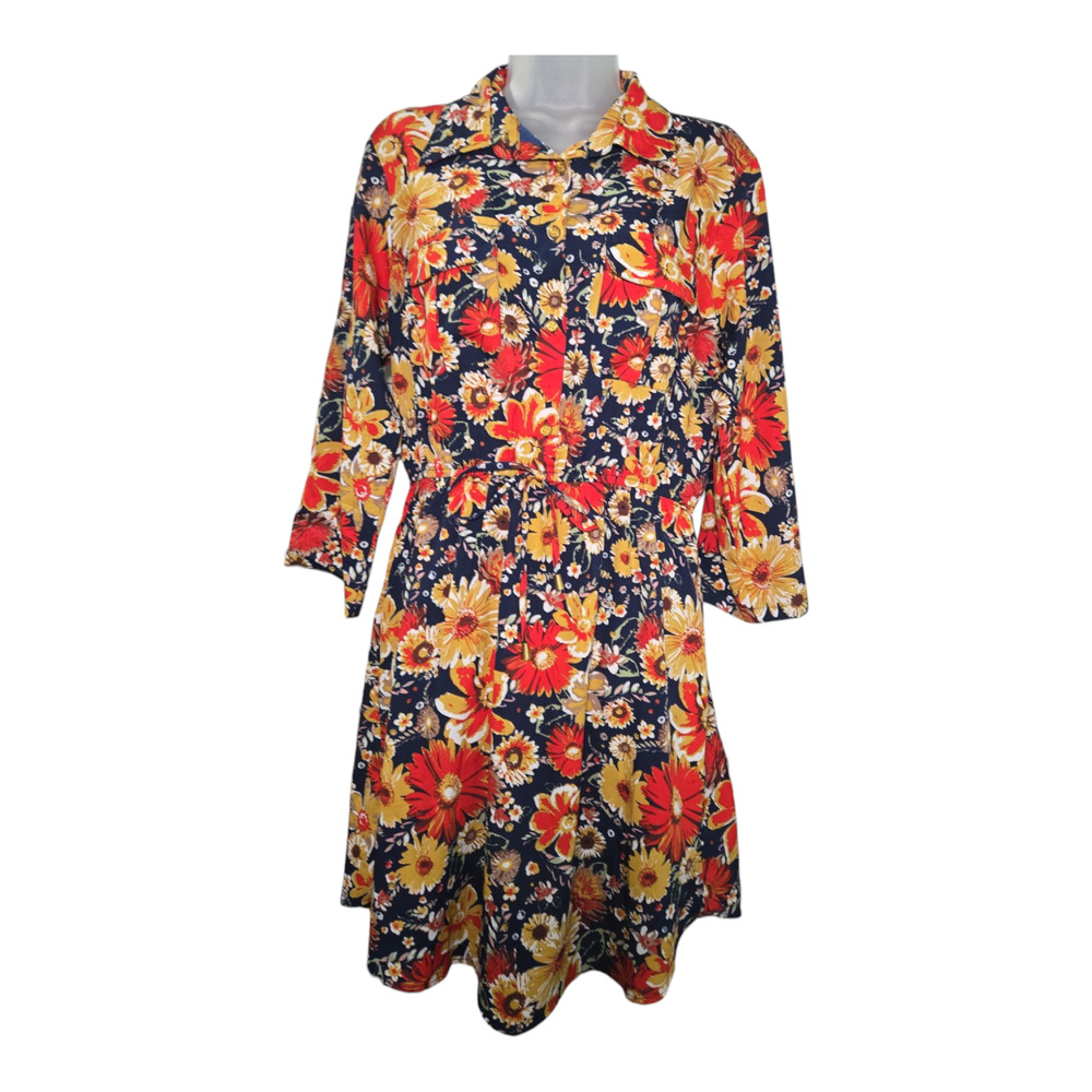 Speed Control NY Wom LG Fall Floral Multicolor Shirt Dress Groovy Retro 70s Boho